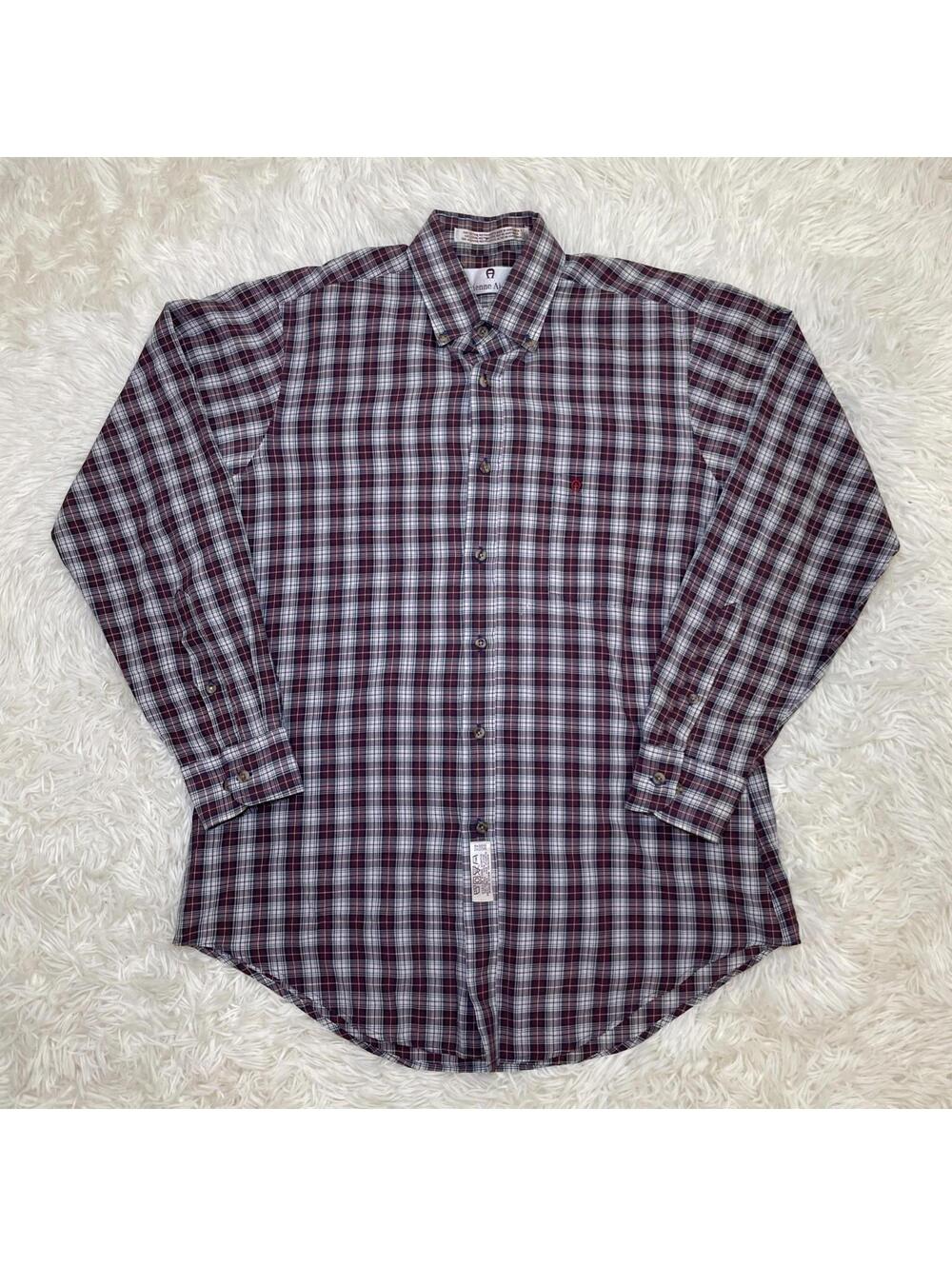 Etienne Aigner Button Down Shirt Plaid Men's Size 15.5 - 32/33 Burgundy White